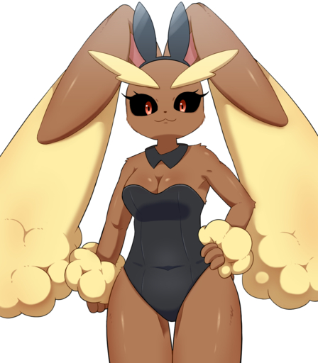 2022 :3 anthro black_clothing black_nose black_sclera breasts brown_body brown_fur bunny_costume cleavage clothed clothing costume digital_media_(artwork) eyebrows eyelashes fake_ears fake_rabbit_ears female fingers front_view fur hand_on_hip hi_res long_ears looking_at_viewer lopunny multicolored_body multicolored_fur pokemon_(species) red_eyes simple_background smile solo standing sum tan_body tan_fur thigh_gap video_games white_background // 1200x1370 // 638.4KB