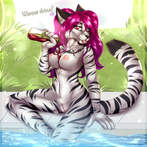 1:1 2017 5_fingers anthro digital_media_(artwork) felid female fingers fur genitals hair hi_res mammal navel nipples padjetxharrington pantherine purple_hair pussy red_eyes solo striped_body striped_fur stripes tiger // 1280x1280 // 293KB