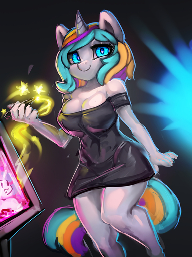 anthro big_breasts black_background black_clothing blue_eyes breasts clothing digital_media_(artwork) equid equine female general-irrelevant hair hi_res holding_tablet_pen horn horse looking_at_viewer mammal multicolored_hair simple_background smile solo tablet_pen unicorn // 1080x1440 // 712.5KB