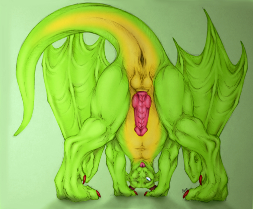 aku_(artist) animal_genitalia animal_penis anus ass_up balls between_legs blue_eyes butt claws countershading dewclaw digitigrade dragon erection feral genitals glans green_background hexdragon hi_res hybrid_genitalia hybrid_penis knot looking_at_viewer male membrane_(anatomy) membranous_wings muscular muscular_feral muscular_male one_eye_closed penis pink_penis presenting presenting_anus presenting_hindquarters raised_tail rear_view red_claws restricted_palette ribbed_penis simple_background snout solo tongue tongue_out wings wink yellow_balls yellow_body yellow_countershading yellow_sheath // 2685x2222 // 5.9MB