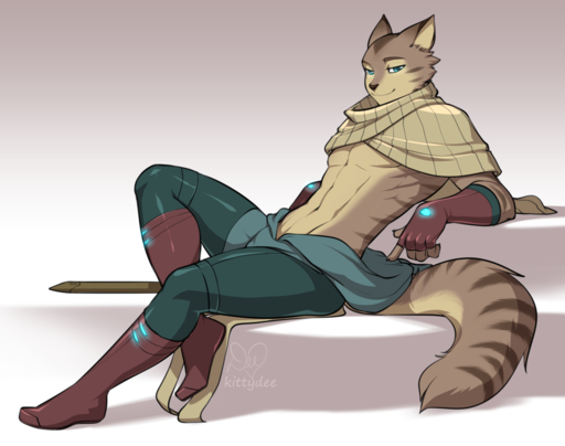 2016 abs anthro biped black_nose blue_body blue_fur boots bottomwear brown_body brown_fur clothed clothing domestic_cat english_text felid feline felis footwear fur gloves handwear kittydee looking_at_viewer male mammal navel pants pinup pose purple_background sabre_(tid) scabbard signature simple_background sitting smile solo stripes text the-impeccable-dan weapon // 1500x1185 // 574.1KB