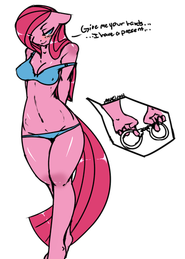 2012 anthro anthrofied avante92 biped blue_eyes blush bra clothed clothing cuff_(restraint) dialogue earth_pony english_text equid equine female hair handcuffs hi_res horse long_hair mammal metal_cuffs navel off_shoulder panties pink_hair pinkamena_(mlp) pinkie_pie_(mlp) pony restraints shackles simple_background small_waist smile solo standing straight_hair text underwear white_background wide_hips // 1000x1400 // 364.1KB