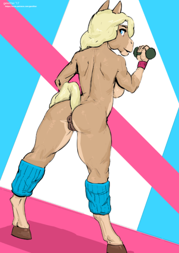 2017 anthro anus biped breasts butt clothing digital_media_(artwork) dumbbell equid equine exercise female genitals gewitter hair hi_res hooves horse leg_warmers legwear looking_at_viewer looking_back mammal nude puffy_anus pussy rear_view side_boob simple_background solo standing text url weights workout // 1414x2000 // 766.6KB