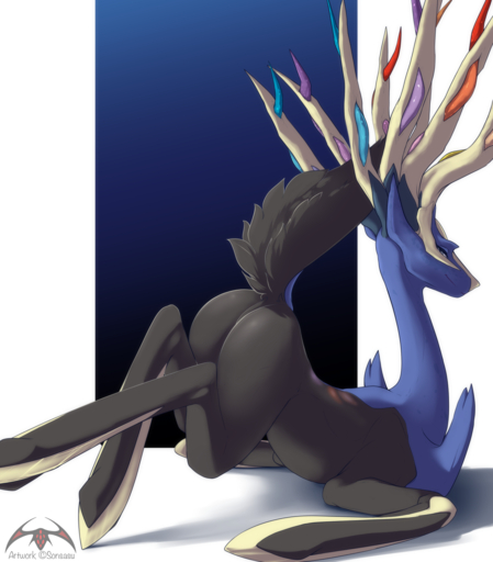 ambiguous_gender antlers ass_up barefoot butt cervid digital_media_(artwork) feet feral fur half-closed_eyes hi_res horn legendary_pokemon looking_at_viewer lying mammal narrowed_eyes nintendo nude on_front on_ground pokemon pokemon_(species) presenting presenting_hindquarters smile solo sonsasu video_games xerneas xerneas_(active_mode) // 1244x1417 // 914.5KB