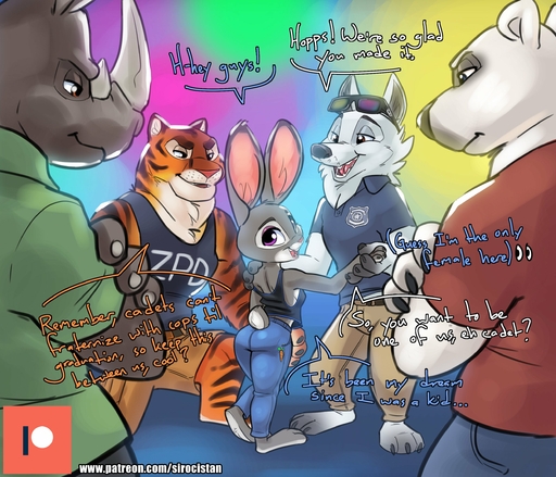 2019 ? abstract_background anthro barefoot black_stripes bottomwear breasts canid canine canis claws clothed clothing comic crossed_arms dialogue english_text eyewear feet felid female fully_clothed fur grey_body grey_fur group hi_res inner_ear_fluff judy_hopps lagomorph leporid looking_back male mammal officer_grizzoli open_mouth open_smile orange_body orange_fur pantherine pants polar_bear purple_eyes rabbit rhinocerotoid scut_tail shirt side_boob siroc smile speech_bubble stripes sunglasses tank_top text text_on_clothing text_on_shirt text_on_topwear tiger toe_claws tongue topwear tuft ursid ursine white_body white_fur wolf // 2522x2162 // 657.1KB