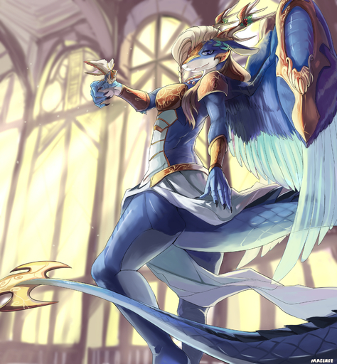 2016 absurd_res anthro armor avian biped bracelet breasts butt_pose claws clothed clothing detailed_background digital_media_(artwork) dragon dress feathered_dragon feathered_wings feathers female hair half-closed_eyes headgear helmet hi_res horn inside jewelry kemono konami looking_at_viewer looking_down magiace narrowed_eyes non-mammal_breasts plant pose purple_eyes saffira_queen_of_dragons scalie small_breasts smile solo standing unconvincing_armor white_hair wings yu-gi-oh // 2952x3188 // 5.5MB