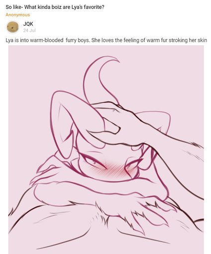 anthro ask_blog blush cuddling duo english_text female first_person_view fur head_pat jarnqk kobold looking_at_viewer lya_(jarnqk) lying male malefemale on_top petting size_difference sketch smaller_female stroking text // 711x858 // 200.7KB