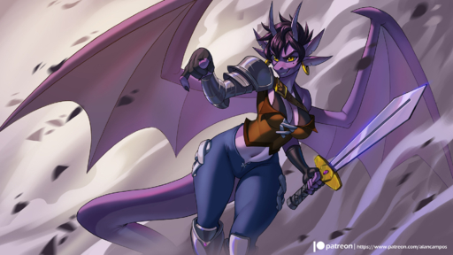 16:9 2019 5_fingers alanscampos anthro breasts clothed clothing digital_media_(artwork) dragon ear_piercing ear_ring female fingers hi_res holding_object holding_weapon horn melee_weapon membrane_(anatomy) membranous_wings midriff navel non-mammal_breasts piercing purple_body purple_skin scalie solo standing sword weapon widescreen wings yellow_eyes // 2000x1125 // 1.8MB