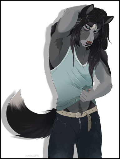 anthro armpit_hair belt black_border body_hair border canid canine canis clothed clothing compass_(artist) fur hair hi_res male mammal simple_background solo standing white_background wolf // 903x1200 // 629.6KB