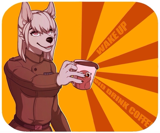 anthro belt_buckle beverage canid canine canis clothed clothing coffee domestic_dog eyelashes female fur hair mammal open_mouth pink_eyes redcreator shadow simple_background solo teeth text tongue // 1184x982 // 191.5KB