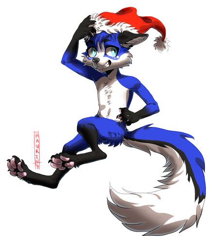 4_toes 5_fingers anthro black_lips black_nose blue_body blue_fur canid canine clothing digitigrade feet fingers fur hat hauringu headgear headwear hi_res lips male mammal pawpads paws simple_background smile solo teeth toes white_background white_body white_fur // 1500x1724 // 734.3KB