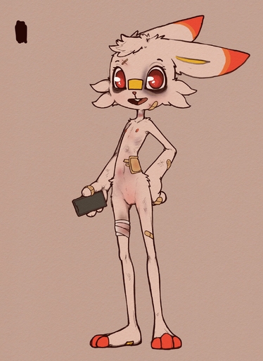 anthro bandage bruised female flat_chested genitals grey_background hi_res holding_object looking_at_viewer nude open_mouth phone pokemon_(species) pokemorph pussy red_eyes scorbunny scruffythedeer simple_background solo video_games white_body wounded // 1650x2259 // 436.1KB