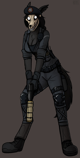 absurd_res anthro beretta_92 black_body black_fur bone bope breasts canid canine caveira clothed clothing cosplay female fur gun hair handgun hat headgear headwear hi_res holding_gun holding_object holding_weapon keadonger looking_at_viewer malo mammal monster pistol pupils rainbow_six rainbow_six:_siege ranged_weapon scp-1471 scp-1471-a scp_foundation simple_background skull skull_head solo standing tom_clancy's_(series) ubisoft undead video_games weapon white_eyes white_pupils // 1216x2412 // 799.0KB