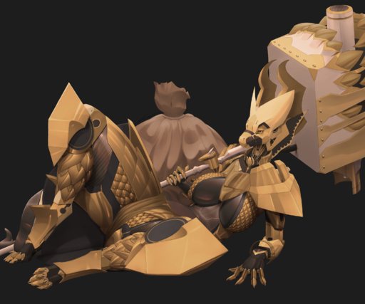 6:5 absurd_res android anthro armor big_breasts bottomwear breasts claws clothing dragon dredjir feet female gold_(metal) gold_armor hammer hi_res loincloth lying machine metal metalic non-mammal_breasts on_back plate_armor reptile robot scale_armor scalie solo spread_legs spreading thick_thighs toes tools weapon wide_hips // 3000x2500 // 4.1MB