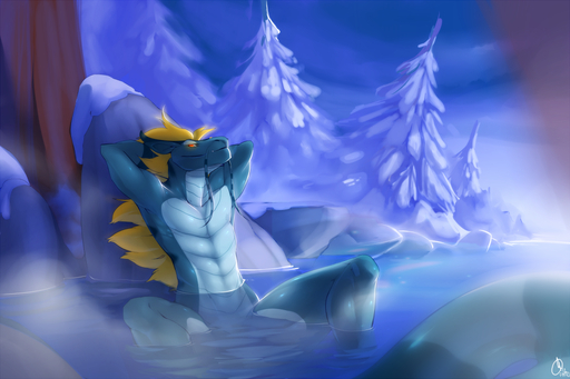 anthro biped blonde_hair blue_body countershading dragon eastern_dragon glowing glowing_eyes hair hands_behind_back horn hot_spring looking_at_viewer male nude orange_eyes outside patto plant raptorbane_(character) red_eyes rock scalie sitting snow solo spread_legs spreading tree water whiskers // 1000x666 // 594.0KB