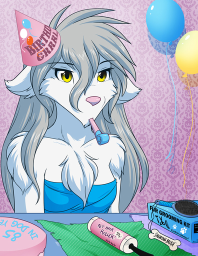 anthro balloon birthday breasts brush cake canid canine canis chest_tuft clothed clothing conditional_dnp dessert female food fur gift grey_hair hair hat headgear headwear keidran lint_roller long_hair mammal party_hat pink_nose raine_silverlock solo tom_fischbach topwear tube_top tuft twokinds unamused unimpressed webcomic webcomic_character white_body white_fur wolf yellow_eyes // 850x1100 // 467.5KB