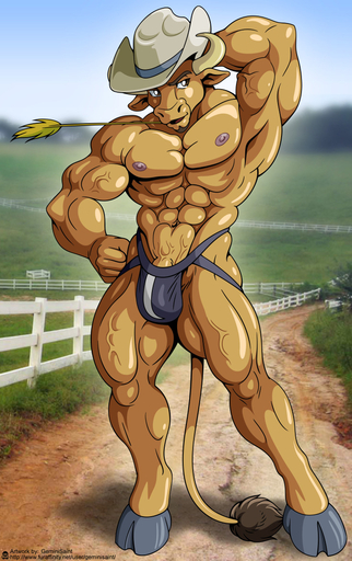 2009 abs anthro biceps big_muscles biped bovid bovine brown_body brown_eyes brown_fur bulge cattle clothed clothing flexing fur geminisaint hand_behind_head hat headgear headwear hooves horn jockstrap male mammal muscular muscular_anthro muscular_male nipples pecs pose ranch solo standing topless underwear vascular vein // 735x1167 // 317.6KB