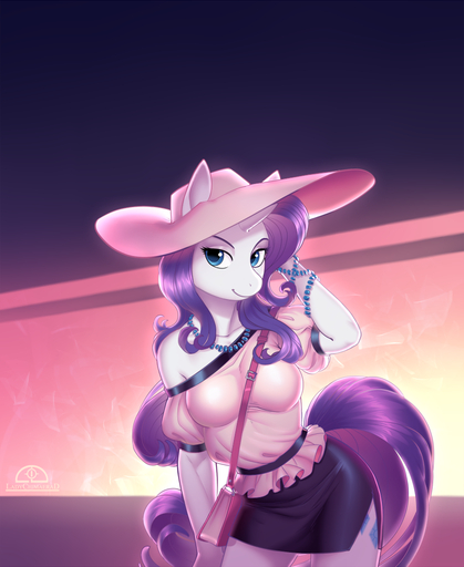 2018 anthro anthrofied blue_eyes bottomwear bracelet breasts clothed clothing cutie_mark equid equine eyebrows eyelashes female fully_clothed hair hand_behind_head hat headgear headwear horn horse jewelry ladychimaera long_hair looking_at_viewer mammal necklace portrait pose purple_hair purse rarity_(mlp) skirt smile solo standing three-quarter_portrait topwear unicorn // 888x1086 // 613.8KB