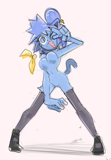 5_fingers anthro biped blue_body blue_fur breasts clothed clothing domestic_cat felid feline felis female filthypally fingers footwear fur legwear mammal navel one_eye_closed partially_clothed shoes simple_background sketch solo stockings teeth white_background // 572x824 // 282KB