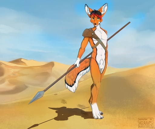 2019 4_toes 5_fingers animal_genitalia araivis-edelveys balls biped canid canine claws day desert detailed_background digital_media_(artwork) digitigrade feet fennec fingers fox fully_sheathed fur genitals gloves_(marking) green_eyes hair holding_object holding_weapon leg_markings looking_at_viewer male mammal markings melee_weapon mostly_nude orange_body orange_fur outside polearm sand shadow sheath sky socks_(marking) solo spear standing toe_claws toes vulpes weapon white_balls white_body white_fur // 1280x1067 // 177.4KB