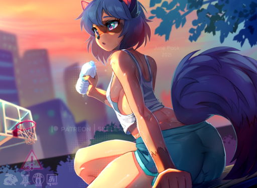anthro blue_hair bodily_fluids brand_new_animal breasts brown_body brown_fur camel_toe canid canine clothed clothing female fur gloves_(marking) hair mammal markings michiru_kagemori multicolored_eyes multicolored_hair multicolored_tail raccoon_dog shirt side_boob skeleion solo studio_trigger sweat tanuki top_wear topwear tracksuit white_clothing white_shirt white_topwear // 1000x731 // 827.2KB