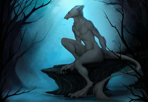 anthro biped black_lips charlottechambers claws fur hi_res lips male navel night nude outside sergal sitting solo white_body white_fur // 2600x1800 // 5.2MB