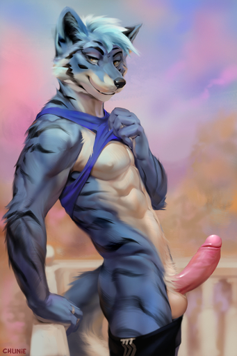 2020 anthro balls blue_body blue_fur bottomwear canid canine chunie clothed clothing clothing_lift detailed_background digital_media_(artwork) erection felid foreskin fox fur genitals hair hi_res humanoid_genitalia humanoid_penis hybrid leaning leaning_back looking_aside male mammal muscular muscular_anthro muscular_male nipples outside pantherine pants pants_down partially_clothed penis pose retracted_foreskin shirt shirt_lift smile solo standing tiger topwear uncut white_body white_fur // 853x1280 // 494.6KB