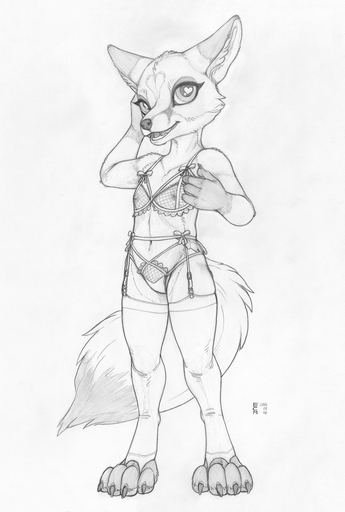 <3 <3_eyes anthro canid canine claws clothing cub ecmajor equid female flat_chested fox garter_belt garter_straps greyscale legwear lingerie looking_at_viewer mammal monochrome smile solo standing stockings toe_claws translucent translucent_clothing young // 795x1180 // 740KB