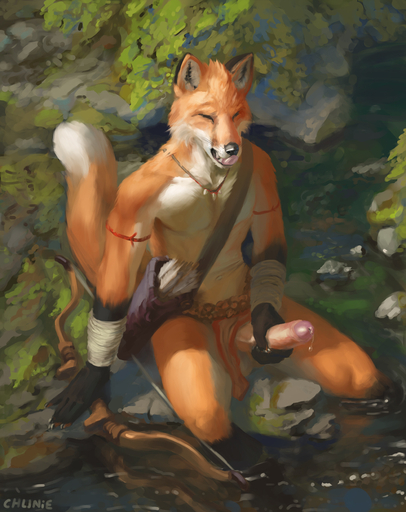 2016 5_fingers anthro arrow athletic athletic_anthro athletic_male balls biceps biped black_body black_fur black_nose bodily_fluids bottomwear bow_(weapon) canid canine chunie claws clothed clothing detailed_background digital_media_(artwork) dipstick_tail erection eyes_closed fingers fluffy fluffy_tail foreskin fox fur genital_fluids genitals glans hi_res holding_object holding_weapon humanoid_genitalia humanoid_penis inner_ear_fluff jewelry leg_markings loincloth male mammal markings masturbation multicolored_body multicolored_fur multicolored_tail navel necklace open_mouth orange_body orange_fur outside partially_clothed partially_retracted_foreskin pecs penile penile_masturbation penis pink_glans precum quiver ranged_weapon red_fox sitting socks_(marking) solo tail_markings teeth tongue tongue_out topless tribal tuft vulpes water weapon white_body white_fur // 1015x1280 // 622.6KB
