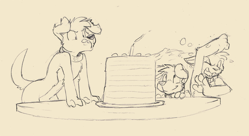 2015 angry anthro birthday_cake blowing cake canid canine canis collar dessert domestic_cat domestic_dog felid feline felis food grape_jelly_(housepets!) group icing leaning leaning_forward line_art looking_up male mammal monochrome one_eye_closed peanut_butter_(housepets!) raised_arm rick_griffin sketch smile webcomic webcomic_character // 736x404 // 80.4KB