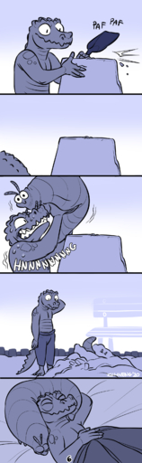 2020 absurd_res alligator alligatorid anthro arthropod bleitsell clenched_teeth clothed clothing comic crocodilian derock digital_media_(artwork) ensafir gryllias happy hi_res male reptile sand_castle scalie sculpture sleeping standing teeth topless young zummeng // 1000x3232 // 787.8KB