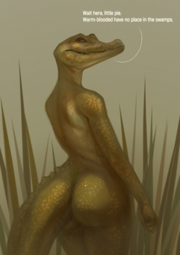 alligator alligatorid anthro baleinebleue big_butt butt crocodilian dialogue digital_media_(artwork) english_text female grass green_eyes hi_res looking_at_viewer looking_back nude outside plant pupils reptile scales scalie shaded slit_pupils solo standing text // 1240x1754 // 5.2MB