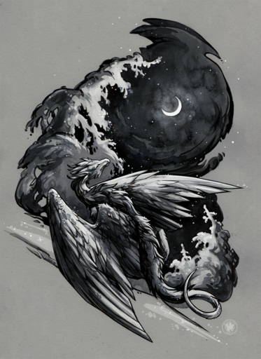 2019 ambiguous_gender dragon feathered_dragon feathered_wings feathers feral fur furred_dragon greyscale hi_res monochrome moon night outside sky solo tealavokado traditional_media_(artwork) wings // 933x1280 // 1.4MB