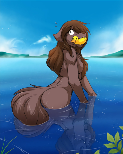 anthro arched_back bathing bite breasts brown_body brown_fur brown_hair butt canid canine canis casual_nudity chest_tuft conditional_dnp detailed_background ears_back embarrassed featureless_breasts female fur grey_eyes hair hair_over_eye keidran leaf looking_at_viewer looking_back mammal natani nude object_in_mouth one_eye_obstructed outside partially_submerged pivoted_ears plant rubber_duck side_boob skinny_dipping solo surprise tom_fischbach tuft twokinds water webcomic webcomic_character wet wet_body wet_fur wolf // 850x1065 // 611.5KB