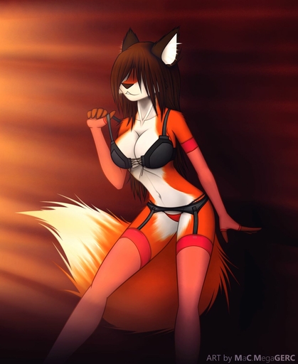 abstract_background anthro brown_hair canid canine clothed clothing female fox hair hair_over_eyes hi_res macmegagerc mammal simple_background skimpy solo // 1225x1498 // 122.7KB