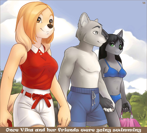 2013 anthro bag bikini black_hair black_pawpads blonde_hair bottomwear breasts brown_eyes brown_nose canid canine canis claws clothed clothing cloud digital_media_(artwork) domestic_dog english_text female fur grey_body grey_eyes grey_fur group hair hi_res iskra long_hair male mammal navel outside pawpads paws plant ribbons shaded shirt short_hair shorts skimpy sky swimwear text topwear tree white_body white_fur wolf yellow_body yellow_fur // 2100x1900 // 966.5KB