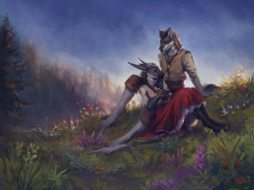 2019 4:3 anthro barefoot bottomwear canid canine canis clothed clothing day detailed detailed_background digital_media_(artwork) dragon dress duo eyes_closed feet female flower forest fur furred_dragon grass grey_body grey_fur gureeookami hand_on_head looking_at_another lying male mammal meadow nature outside pants plant romantic_ambiance romantic_couple sitting sky smile topwear tree vest wolf // 1280x960 // 1.3MB