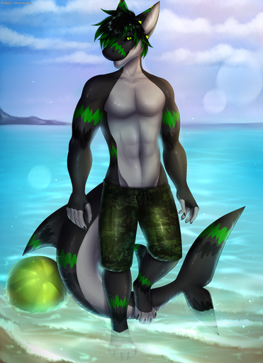 2020 4_toes 5_fingers anthro beach black_hair black_sclera clothed clothing day detailed_background digital_media_(artwork) feet fingers fish green_eyes hair hi_res male marine outside padjetxharrington partially_submerged sand seaside shark shoreline sky solo swimming_trunks swimwear toes topless water wet // 1000x1379 // 1.4MB
