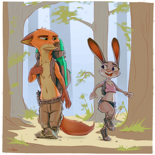 1:1 2020 anthro backpack boots bottomwear buckteeth canid canine chest_tuft clothed clothing crop_top detailed_background digital_media_(artwork) dipstick_ears duo female flat_chested footwear forest fox frown fur gloves_(marking) green_eyes grey_body grey_fur head_tuft hi_res hotpants judy_hopps lagomorph leporid looking_at_another male mammal markings midriff multicolored_ears navel nick_wilde open_mouth open_smile orange_body orange_fur outside plant purple_eyes rabbit red_fox samur_shalem scut_tail shaded shirt shoes short_tail shorts smile teeth topless topwear tree tuft vulpes walking water_bottle // 1280x1280 // 2.4MB