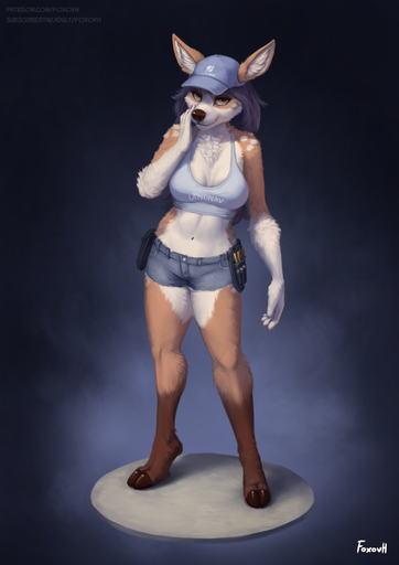 2022 aldea_(character) anthro cervid clothed clothing female fingers foxovh fur hair hat headgear headwear hi_res inner_ear_fluff looking_at_viewer mammal navel smile solo tuft // 905x1280 // 557.7KB