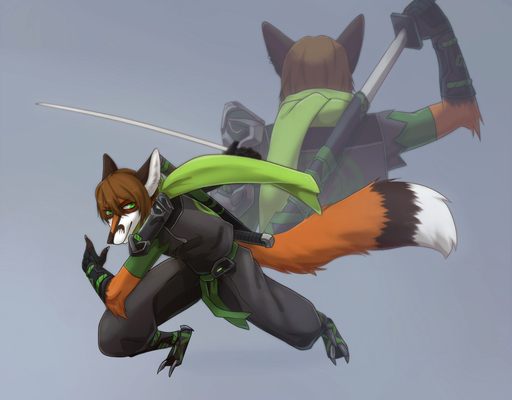 2016 5_fingers absurd_res anthro belt black_nose blue_background brown_body brown_fur brown_hair canid canine clothed clothing digitigrade egsaku_(character) fingers fox fully_clothed fur gloves green_eyes hair handwear hi_res holding_object holding_weapon katanna male mammal orange_body orange_fur pose scar scarf shirt simple_background solo topwear trouser viskasunya weapon white_body white_fur // 4000x3123 // 3.0MB