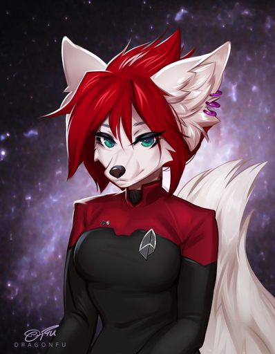 2020 abstract_background anthro black_nose blue_eyes breasts canid canine canis clothed clothing cosplay digital_media_(artwork) dragonfu ear_piercing ear_ring eyebrows eyelashes female fluffy fluffy_tail fox front_view fur green_eyes hair half-length_portrait hi_res hybrid inner_ear_fluff kira_(disambiguation) kira_sher looking_at_viewer mammal piercing portrait red_hair short_hair solo star_trek tuft white_body white_fur white_tail wolf // 933x1200 // 477.2KB