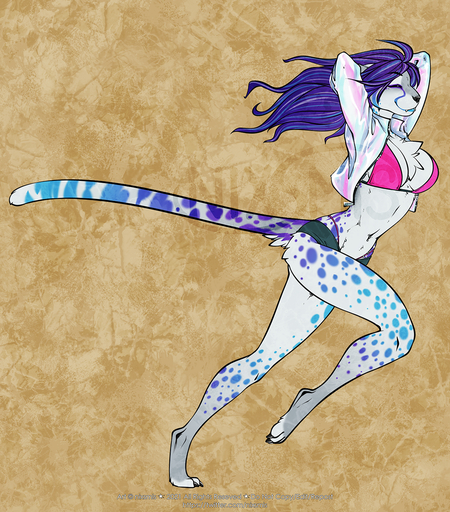 2021 4_toes alishka anthro blue_body blue_fur breasts clothed clothing digital_media_(artwork) digitigrade feet felid female fur hair hi_res leopard mammal pantherine purple_hair smile solo toes // 1124x1280 // 2.5MB