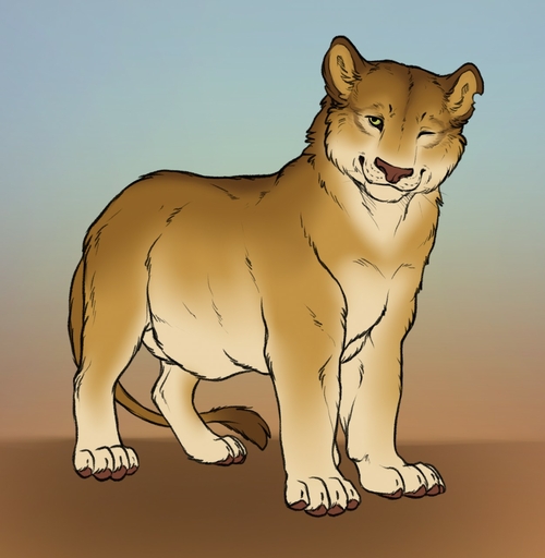 brown_body brown_fur felid female feral fur green_eyes hi_res lion mammal notched_ear one_eye_closed pantherine simple_background slightly_chubby smile solo standing wink yaroul // 1251x1280 // 160.8KB