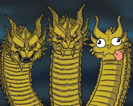 2019 ambiguous_gender blep derp_eyes fangs godzilla_(series) gold_scales group headshot_portrait hi_res horn hydra kaiju king_ghidorah looking_aside michaeljlarson open_mouth pink_eyes portrait scalie simple_background toho tongue tongue_out // 2087x1669 // 1.9MB