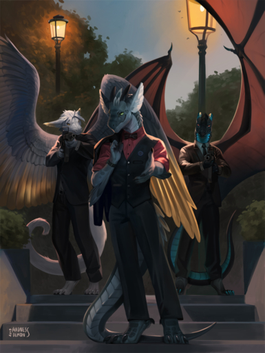 2019 anthro clothed clothing digitigrade dragon erise_(character) fur furred_dragon green_eyes gun hair hi_res illarion_(character) kaspar_(character) lights madness_demon male night outside ranged_weapon red_eyes scenery suit teeth weapon wings yellow_eyes // 952x1266 // 1.1MB