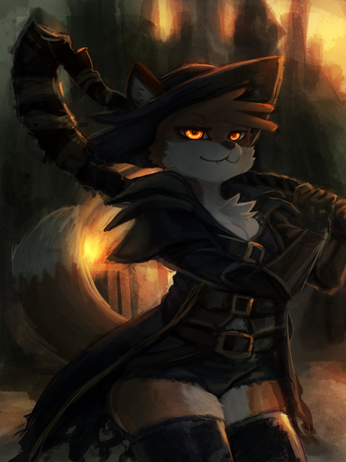 anthro belt breasts canid canine chest_tuft clothing cute_fangs female fox general-irrelevant hat headgear headwear hi_res holding_melee_weapon mammal smile solo tuft video_games yellow_eyes // 1080x1440 // 739.0KB