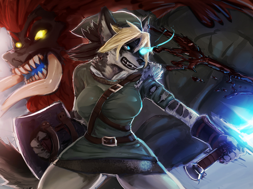 alternate_species anthro blonde_hair blood blue_eyes bodily_fluids breasts canid canine canis clothing crossgender digital_media_(artwork) duo female furrification ganon general-irrelevant glowing glowing_eyes hair holding_object holding_shield holding_sword holding_weapon link male mammal melee_weapon mtf_crossgender open_mouth shield suid suina sword torn_clothing tunic tusks video_games weapon wolf // 1440x1080 // 840.0KB