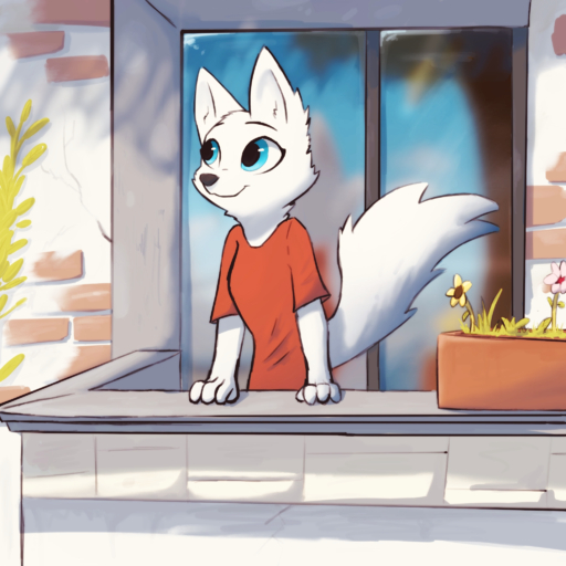 1:1 anthro arctic_fox balcony black_nose blue_eyes canid canine cheek_tuft clothed clothing detailed_background disney enginetrap facial_tuft female flower fox fur glass head_tuft hi_res light lighting mammal neck_tuft outside plant porch potted_plant shirt skye_(zootopia) smile solo sunlight t-shirt topwear tuft vulpes white_body white_fur window zootopia // 2048x2048 // 3.0MB