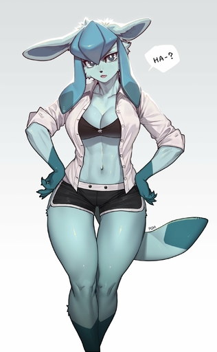 4_ears absurd_res anthro black_bra black_clothing black_underwear blue_body blue_eyes blue_fur blue_tail bow_bra bra breasts cleavage clothed clothing eeveelution female floppy_ears fur glaceon gloves_(marking) gradient_background grey_background hands_on_hips hi_res leg_markings legs_together long_ears looking_at_viewer markings multi_ear navel open_clothing open_shirt open_topwear pgm300 pink_clothing pink_shirt pink_topwear pokemon_(species) portrait rolled_up_sleeves shirt simple_background socks_(marking) solo speech_bubble standing thigh_gap topwear underwear video_games white_background wide_hips // 1765x2861 // 257.8KB